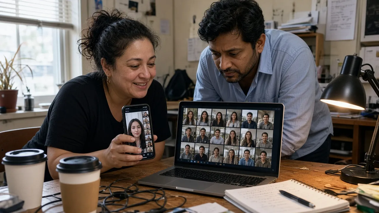Agency duo reviewing affiliate deliveries on phone and laptop