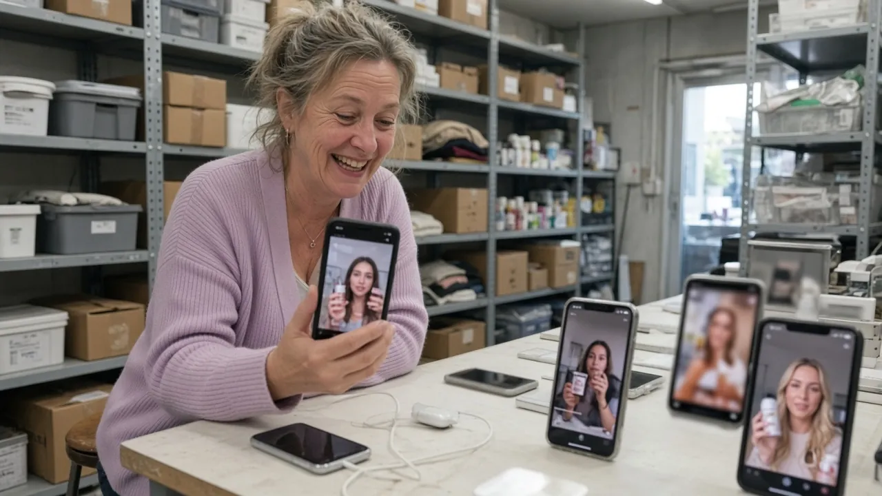 Owner smiling at affiliate videos on several phones