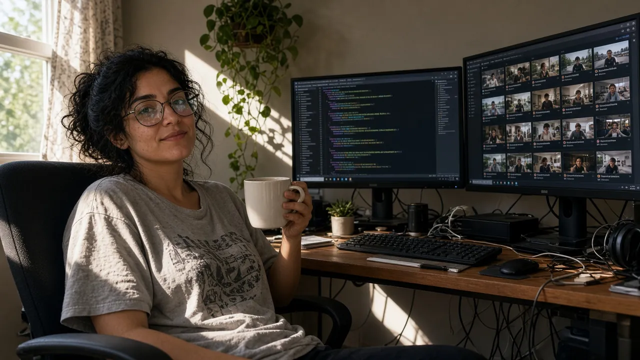 Relaxed developer with deliveries streaming on screen