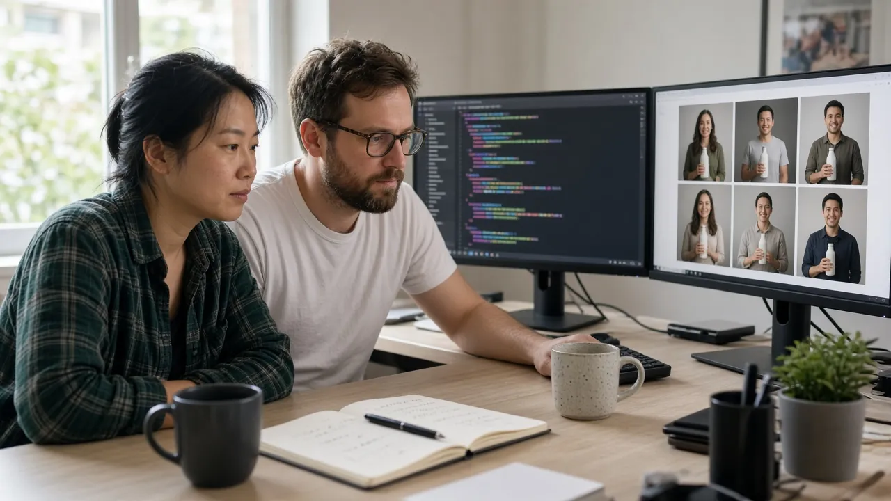 Two developers at monitors with code and AI actor images