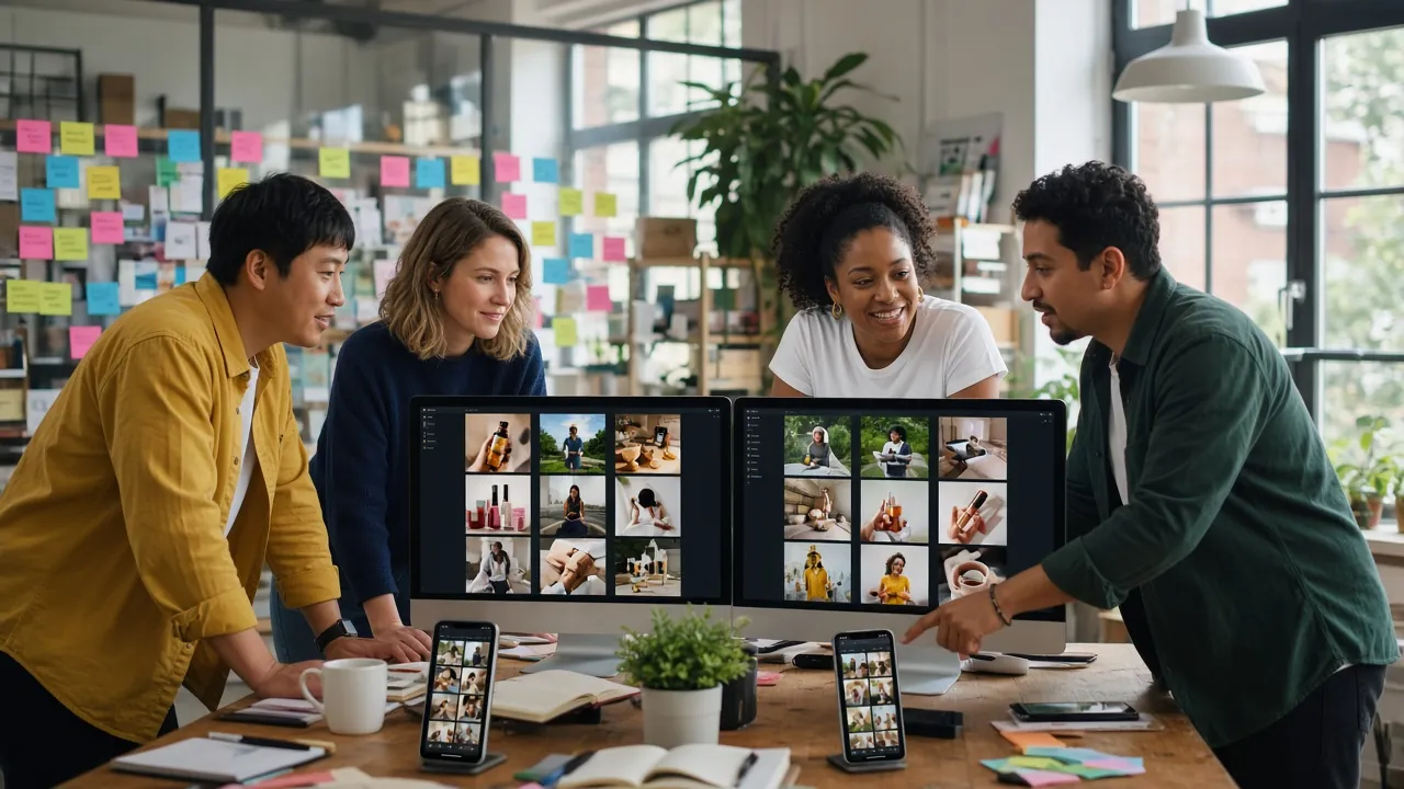 Agency team gathered around screens of affiliate deliveries